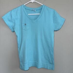 Fresh Produce Sz S Luna Blue Fem Logo V-Neck Cotton Baby Rib Top Short Sleeve